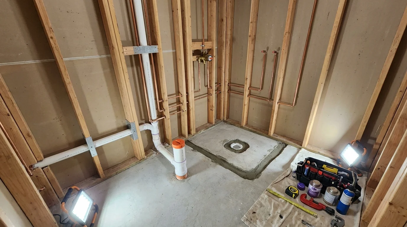 Bathroom rough-in plumbing during remodel by Johns Plumbing LLC in Sophia