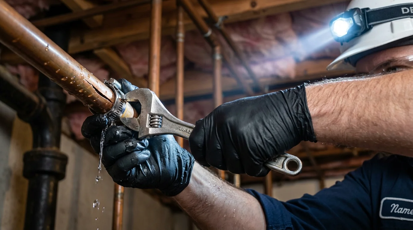 Emergency pipe clamp repair being performed by a Johns Plumbing LLC plumber in Sophia