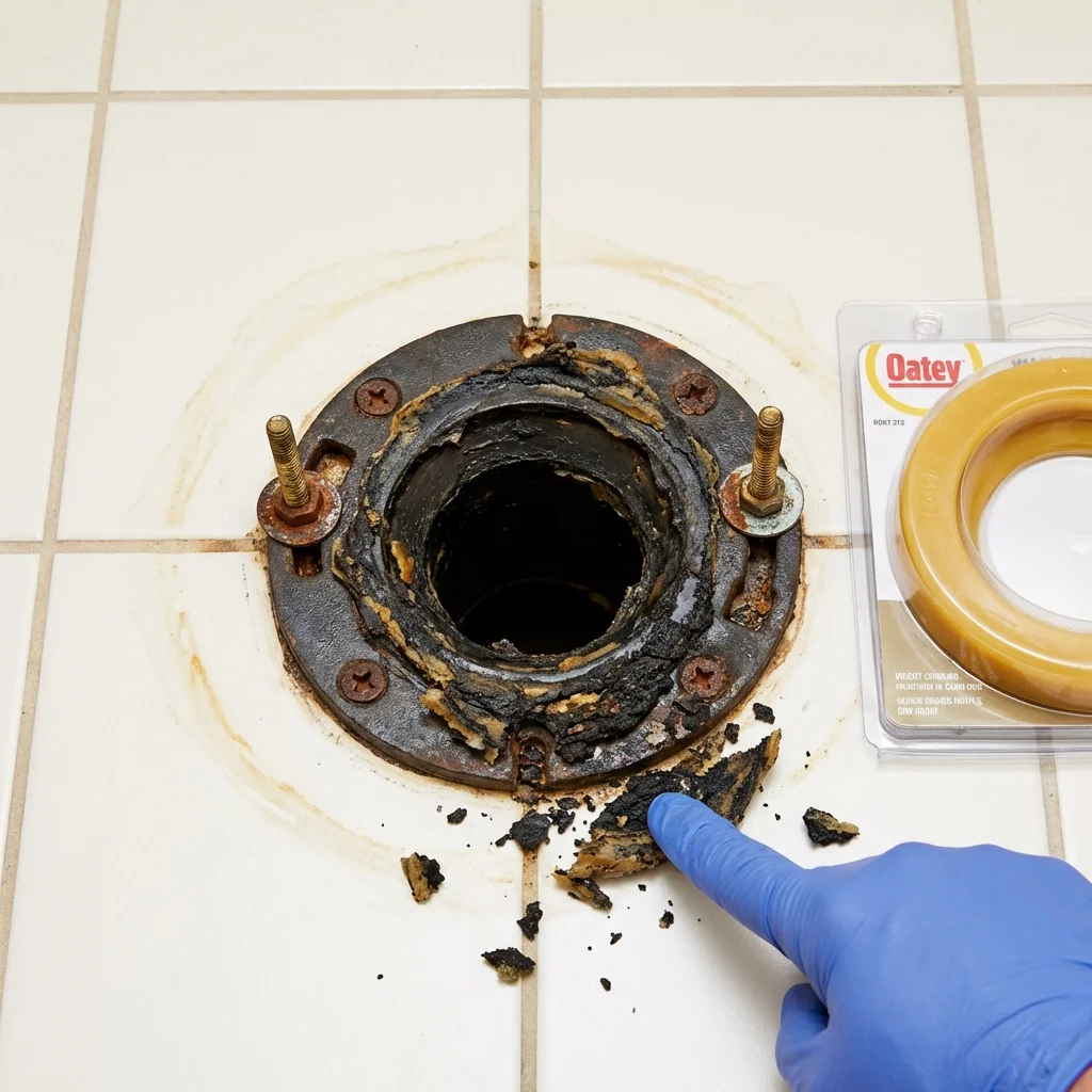 Failed wax ring showing water seepage at the base of a toilet in a Sophia, WV home