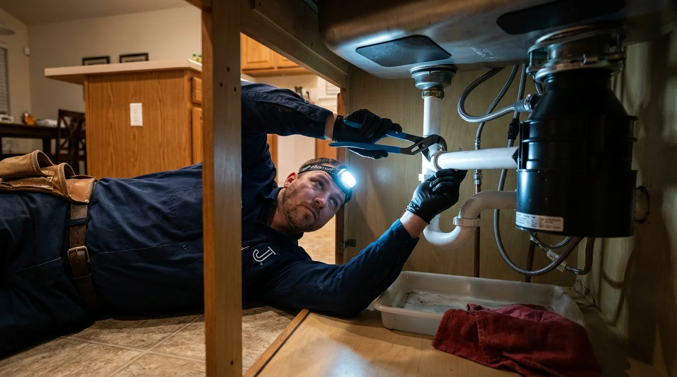 P-trap and supply line connections under a kitchen sink showing a common leak point in Sophia, WV
